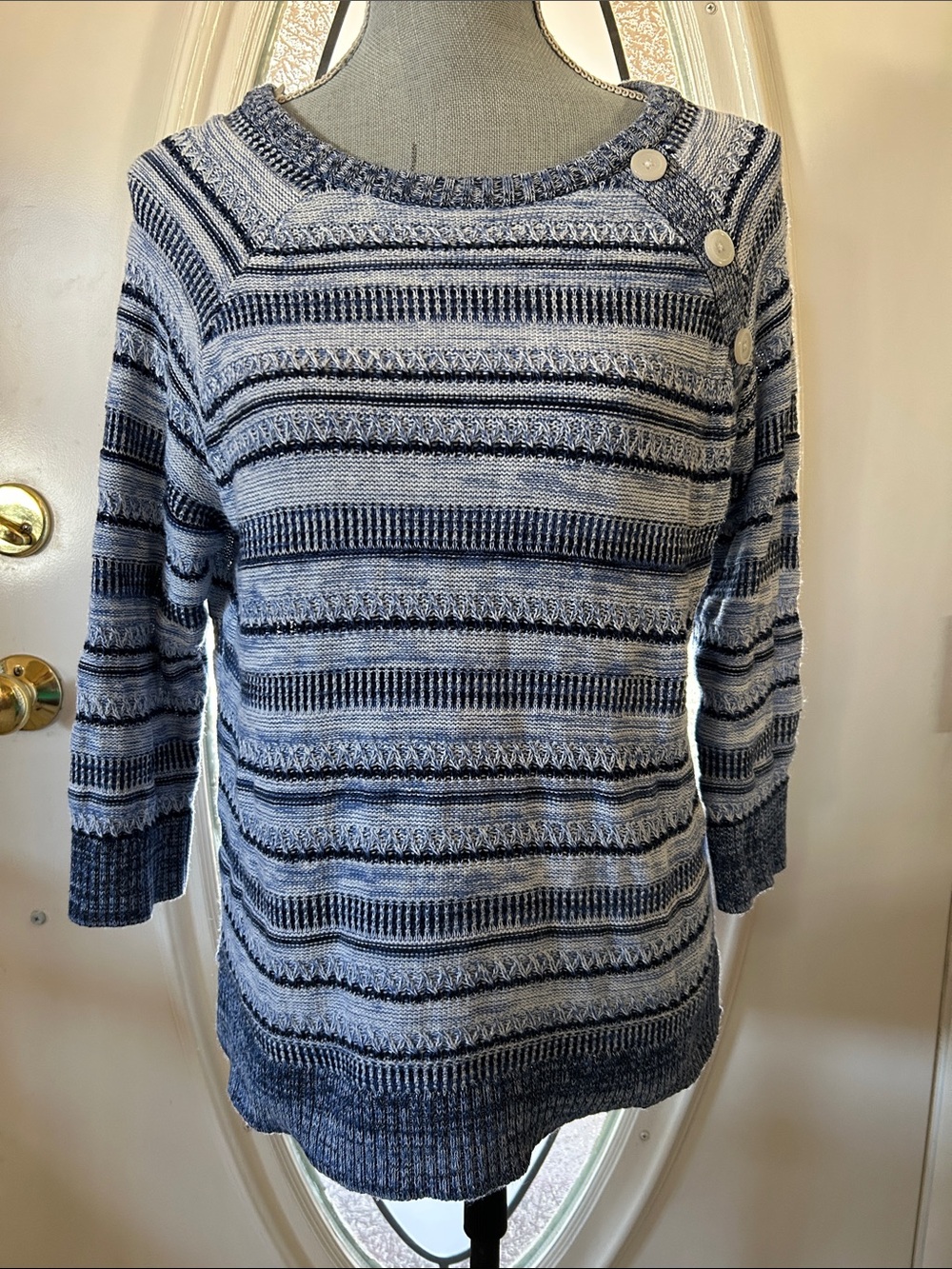 Allison Daley Navy and Light Blue Striped Crewneck Sweater with Shoulder Buttons